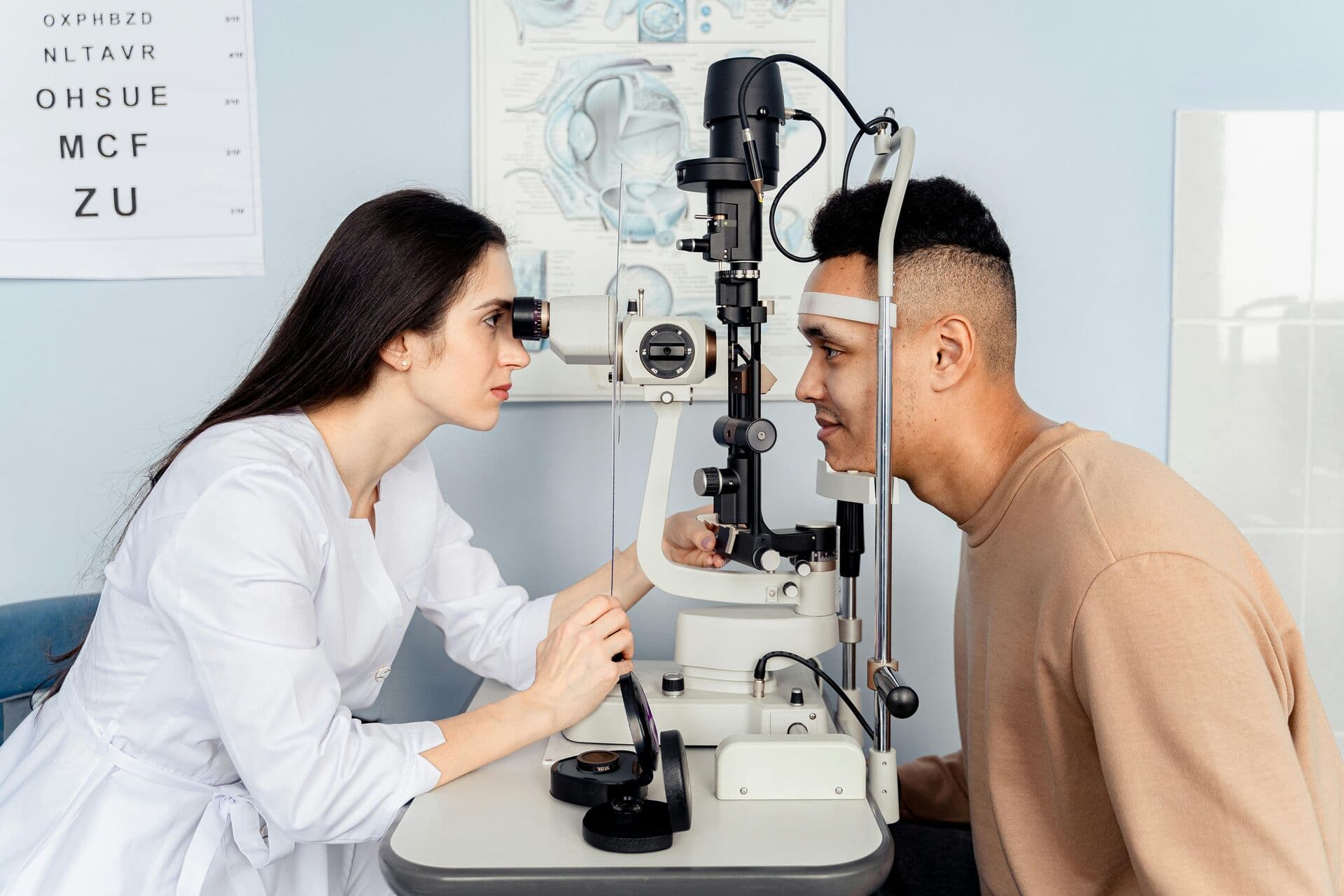Professional eye examination at K Vision Centre London — ophthalmologist using slit lamp with patient